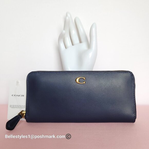 COACH Slim Accordion Smooth Leather Wallet with Back Slip Pocket- Dark Navy ⭐ - Picture 7 of 16